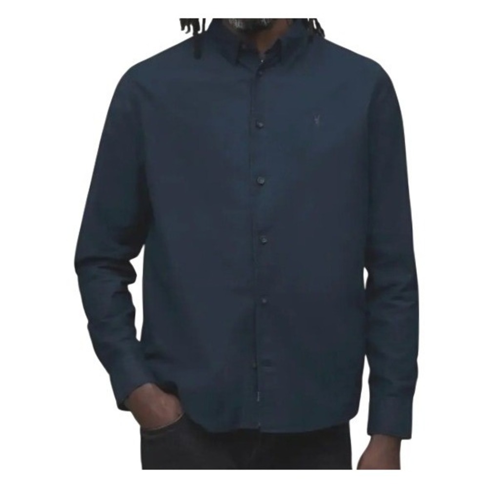 AllSaints Mens XL Ink Blue Hawthorne Ramskull 100% Cotton Button Up Shirt